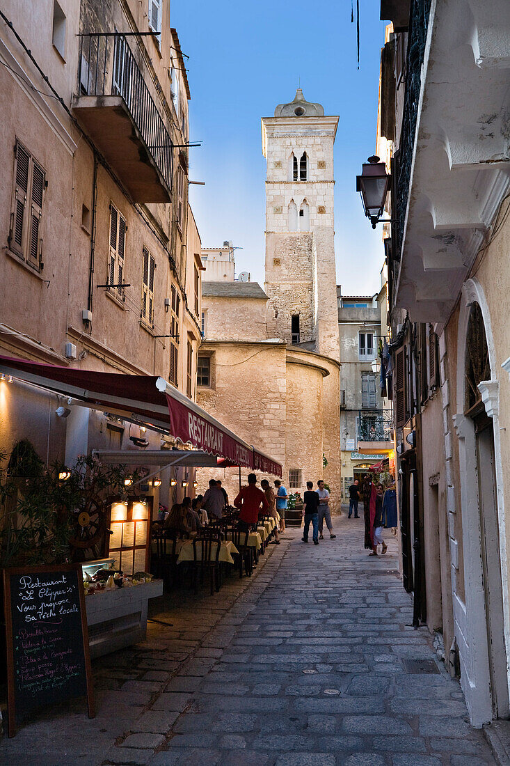 Street in the old town of Bonifacio with church st. Marie Majeure, Haute Ville, Corsica, France, Europe