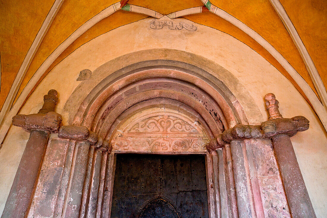 Entrance portal of Muenster of the Frauenwoerth, Fraueninsel, Chiemsee, Chiemgau, Upper Bavaria, Bavaria, Germany