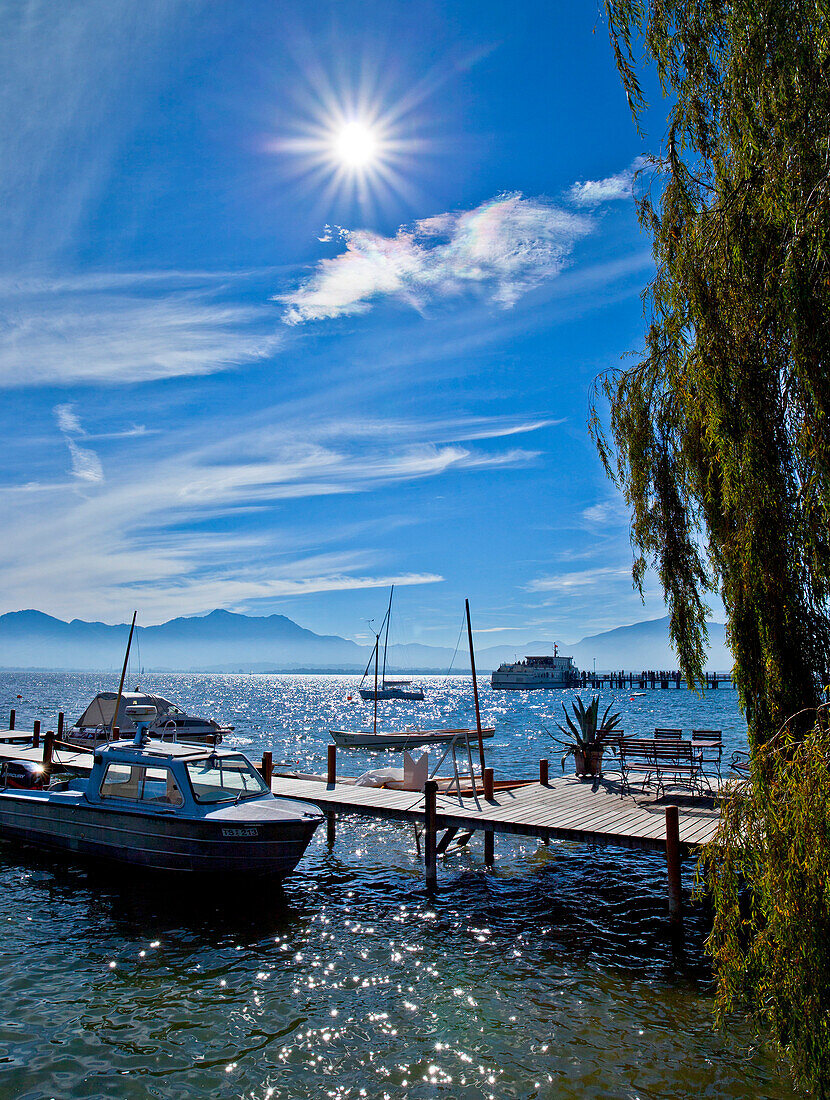 Jetty with suite, Fraueninsel, Chiemsee, Chiemgau, Upper Bavaria, Bavaria, Germany