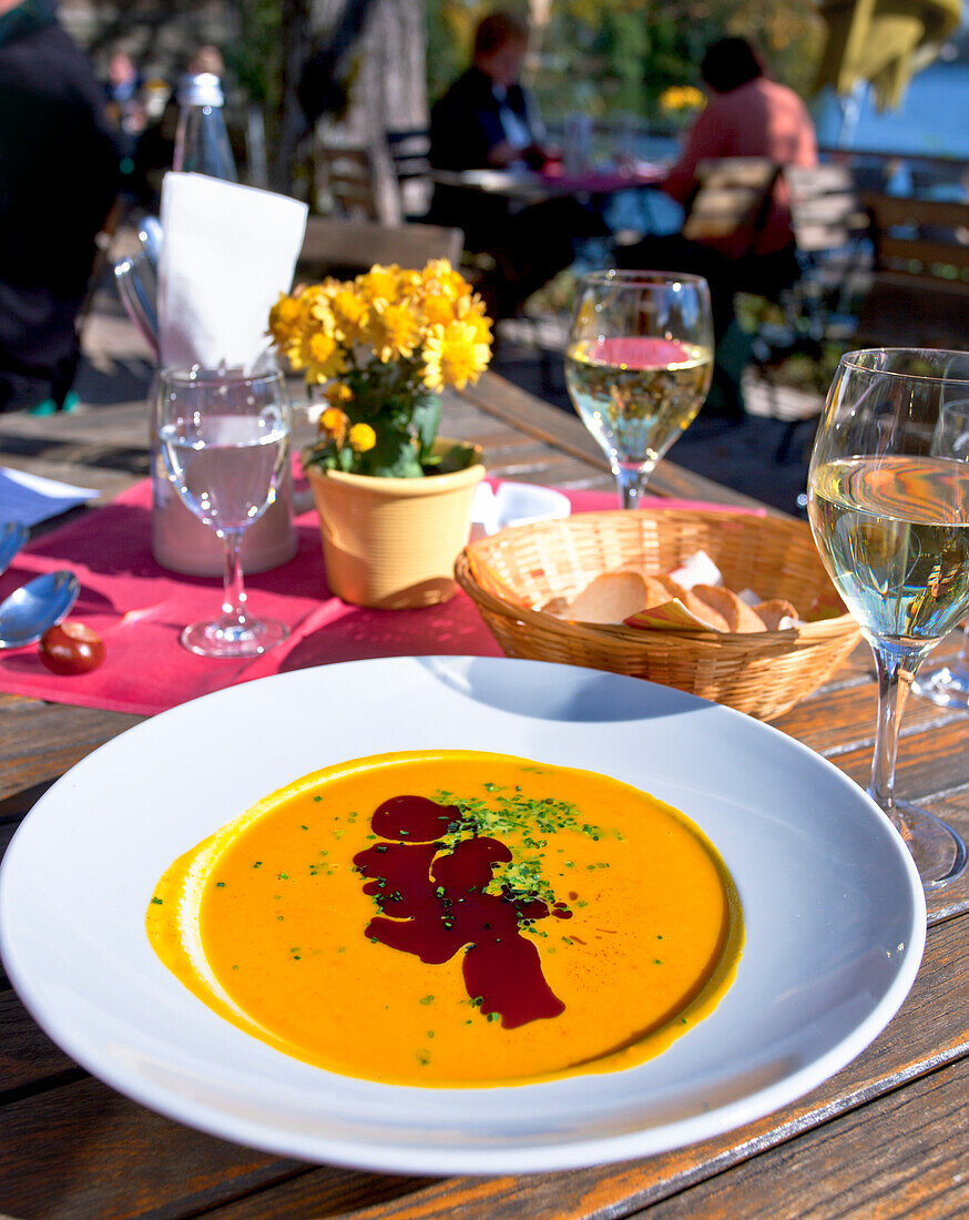 Pumpkin soup, Abbey property, Seeon Abbey, Seeon, Seeon-Seebruck, Chiemsee, Chiemgau, Upper Bavaria, Bavaria, Germany