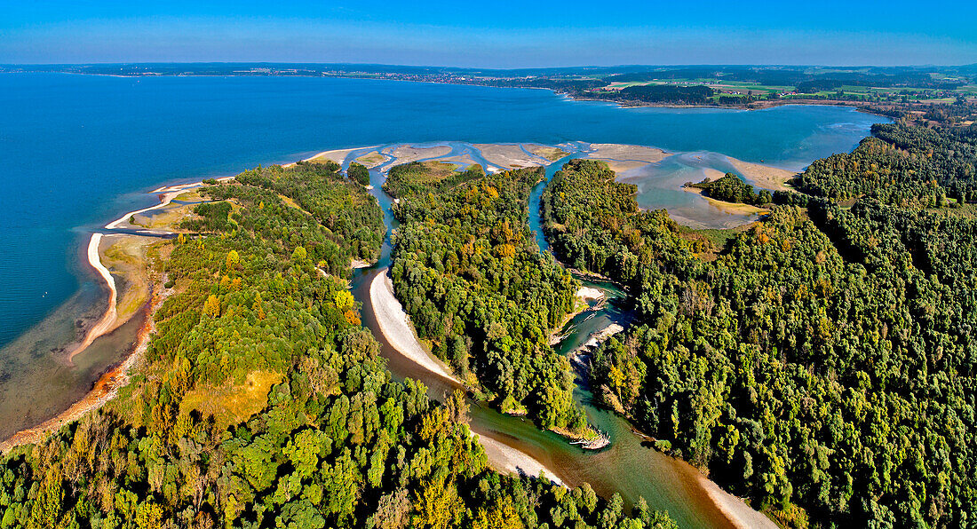 Aerial view of the Tirol Ach river delta in the Chiemsee, Tiroler Achen, Natural reserve, Chiemgau, Upper Bavaria, Bavaria, Germany