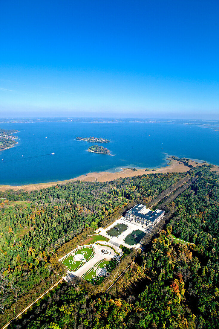 Aerial view of the Herrenchiemsee Island,  Herrenchiemsee Castle, Lake Chiemsee, Chiemgau, Upper Bavaria, Bavaria, Germany