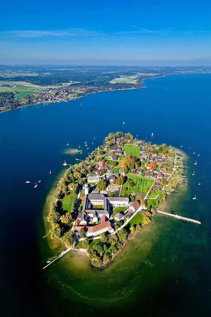 Aerial view of the Frauenchiemsee Abbey, Fraueninsel in the background with Herrenchiemsee on the left side , Chiemsee, Chiemgau, Upper Bavaria, Bavaria, Germany