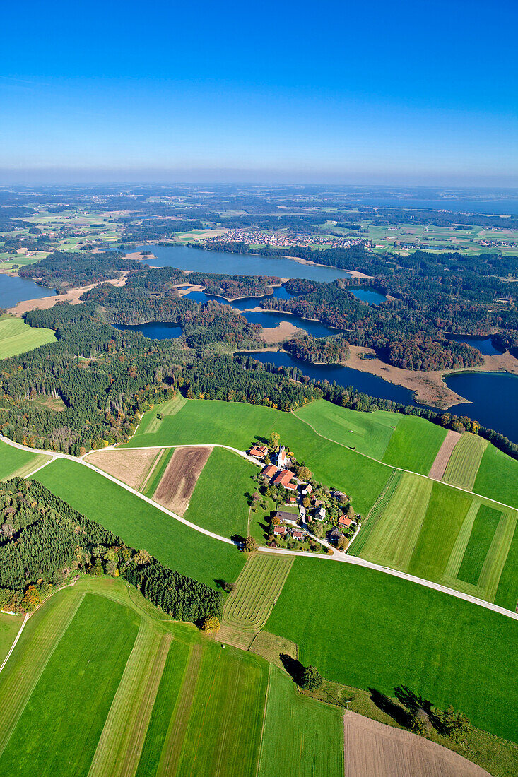 Aerial view of the Eggstatt Lakes, Eggstatt Lakes Area, Nature Reserve, Chiemgau, Upper Bavaria, Bavaria, Germany