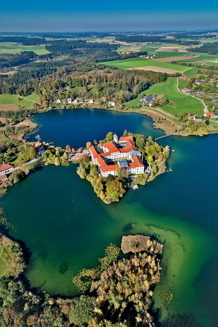 Aerial view of the Seeon Abbey, Seeon, Seon-Seebruck, Chiemsee, Chiemgau, Upper Bavaria, Bavaria, Germany