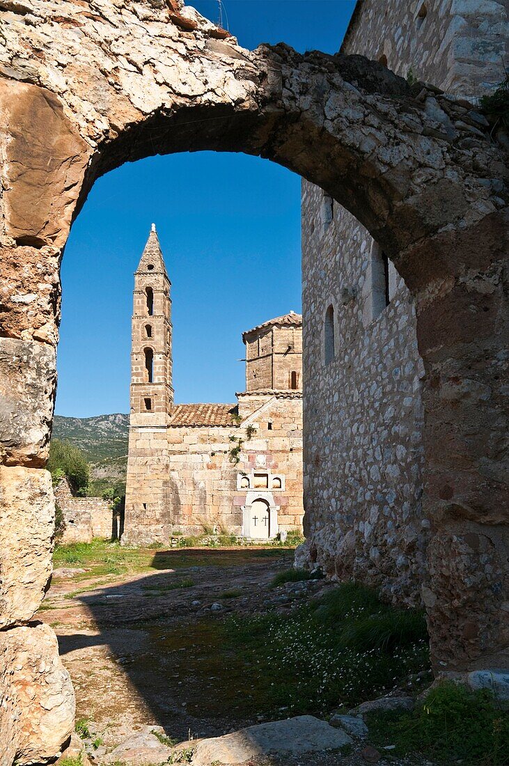 The church of Agios Spyridon in the ruins of Old Kardamyli, in the outer Mani, Southern Peloponnese, Greece