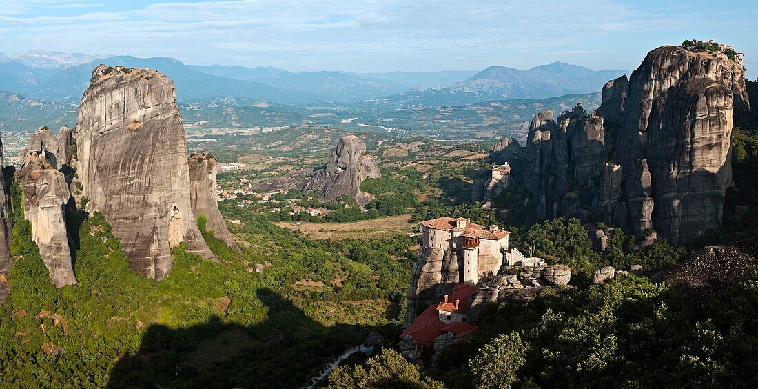 looking down on the monastery of Roussanou and the strange rock formations of the Meteora near Kalambaka, in Thessaly, central Greece