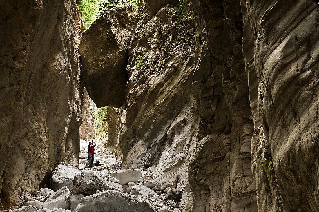 A walker at the narrowest point of the Ridomo Gorge stops to take a photograph In the Taygetos mountains, Outer Mani, Southern Peloponnese, Greece