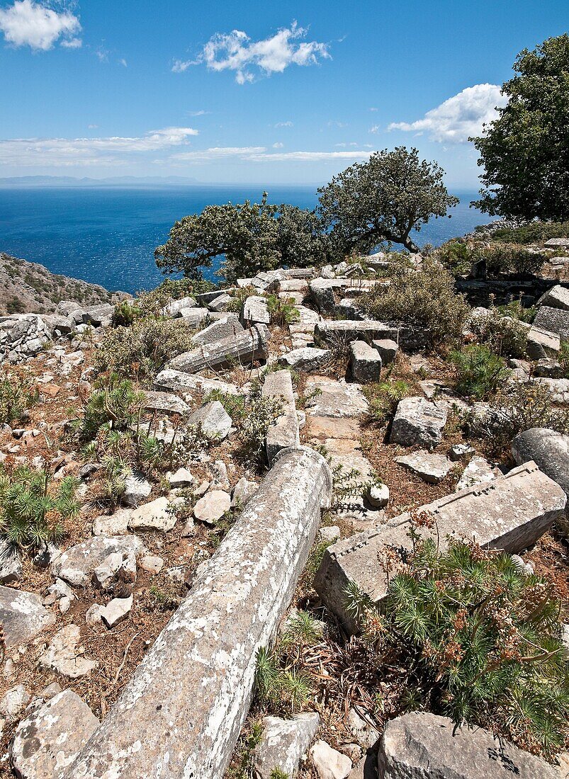 The remains of two Doric Greek temples at Ancient Aigila also known as ancient Kournos, or Kionia, on a high bluff on the eastern side of the Deep Mani, overlooking the coast near Nimfio, Southern Peloponnese, Greece