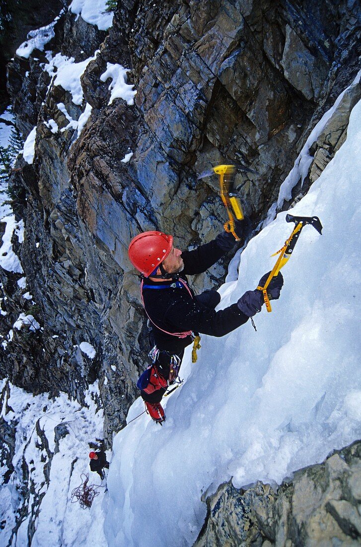 Mark Sachs, ice climbing in Trail Creek Canyon near the city of Sun Valley in central Idaho