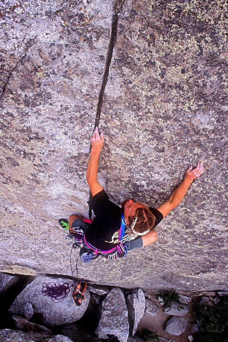 Greg Moore, rock climbing Intruding Dike on Super Hits Wall at The City Of Rocks National Reserve near Almo, Idaho