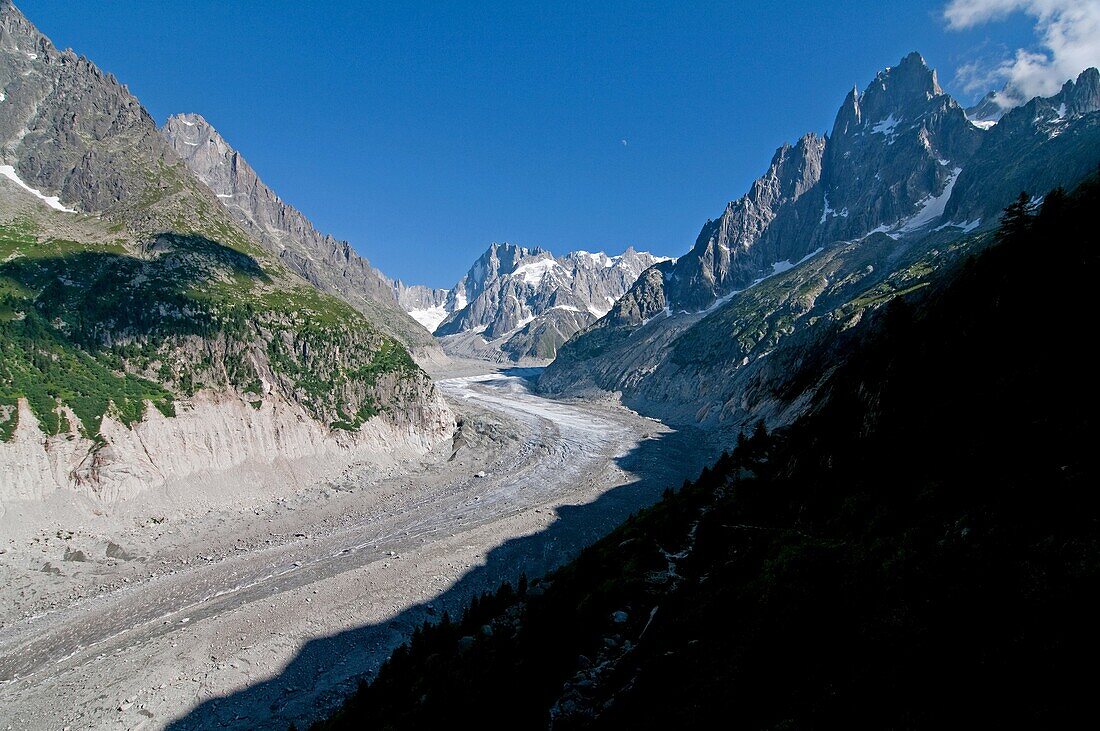 Chamonix, The Mer de Glace Glacier near Montenvers with the Aiguille des Charmos and the Grandes Jorasses in the background high above the city of Chamonix France