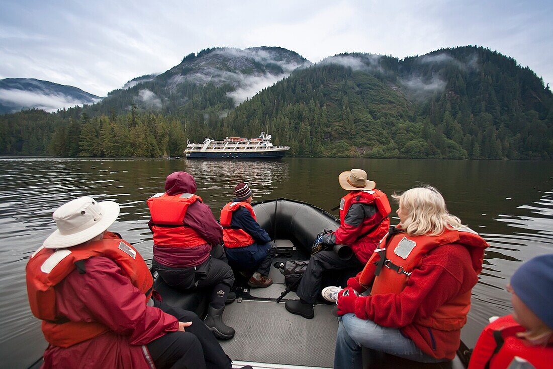 The Lindblad Expeditions ship National Geographic Sea Bird operating Zodiacs in Southeast Alaska, USA No property or model release available for this image