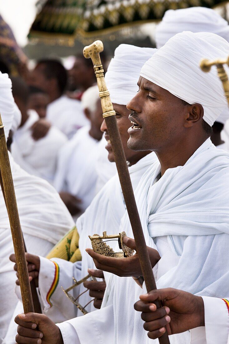 groups of dancers and musicans are celebrating a ritual in front of the priests with the tabot Timkat ceremony of the ethiopian orthodox church in Addis Ababa timkat or Epiphany is the biggest church cerimony of the orthodox church Replicas of the tabl
