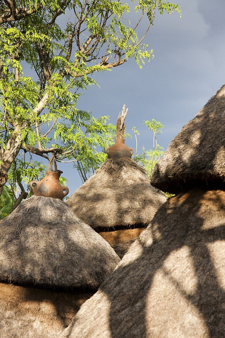 Traditional Konso village on a mountain ridge overlooking the rift valley Thatched roofs The Konso are living in tradtional villages with compunds for each family The compounds are connected by a maze of stone walled and fenced pathways  The Konso, a t