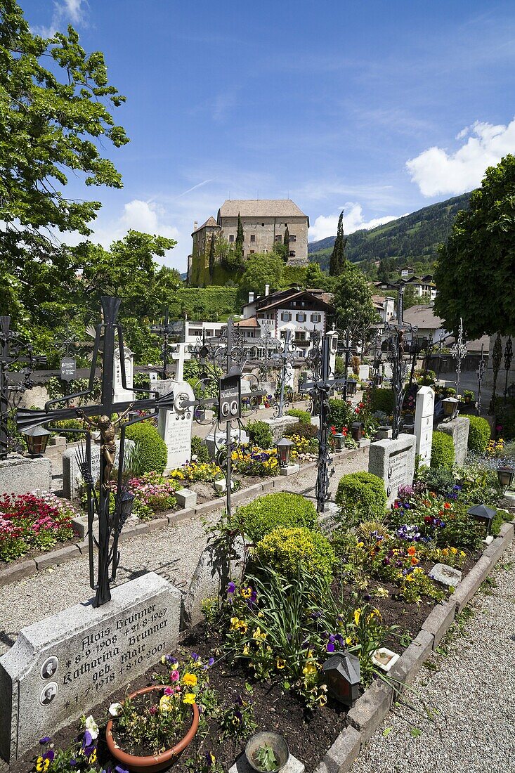Schenna Scena near Meran Merano with parish church Maria Aufnahme, cemetery and palace, castle Schenna is one of the most popular destinations in South Tyrol Europe, Central Europe, Eastern Alps, South Tyrol, Italy, May 2010