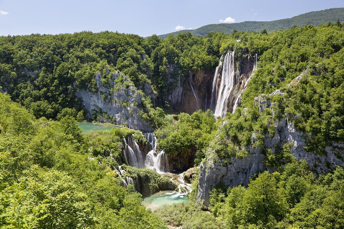 The Plitvice Lakes in the National Park Plitvicka Jezera in Croatia The big Fall Veliki slap The Plitvice Lakes are a string of lakes connected by waterfalls They are in a valley, which becomes a canyon in the lower parts of the National Park The wate