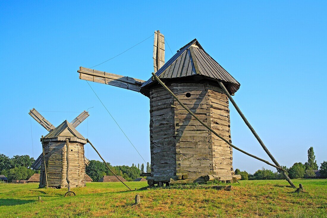 Wooden windmill, Pirogovo Pyrohiv, Open air museum of national architecture, near Kiev, Ukraine