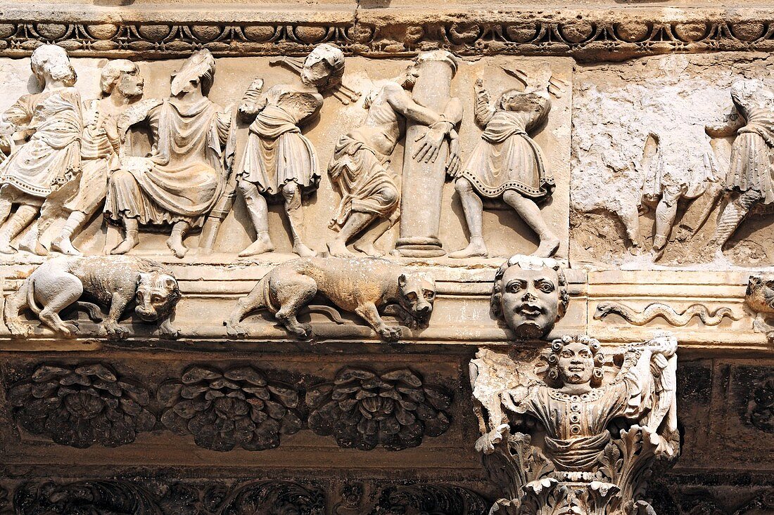 Bas-reliefs of portal of abbey church 12 cent, Saint-Gilles Saint-Gilles-du-Gard, Languedoc-Roussillon, France