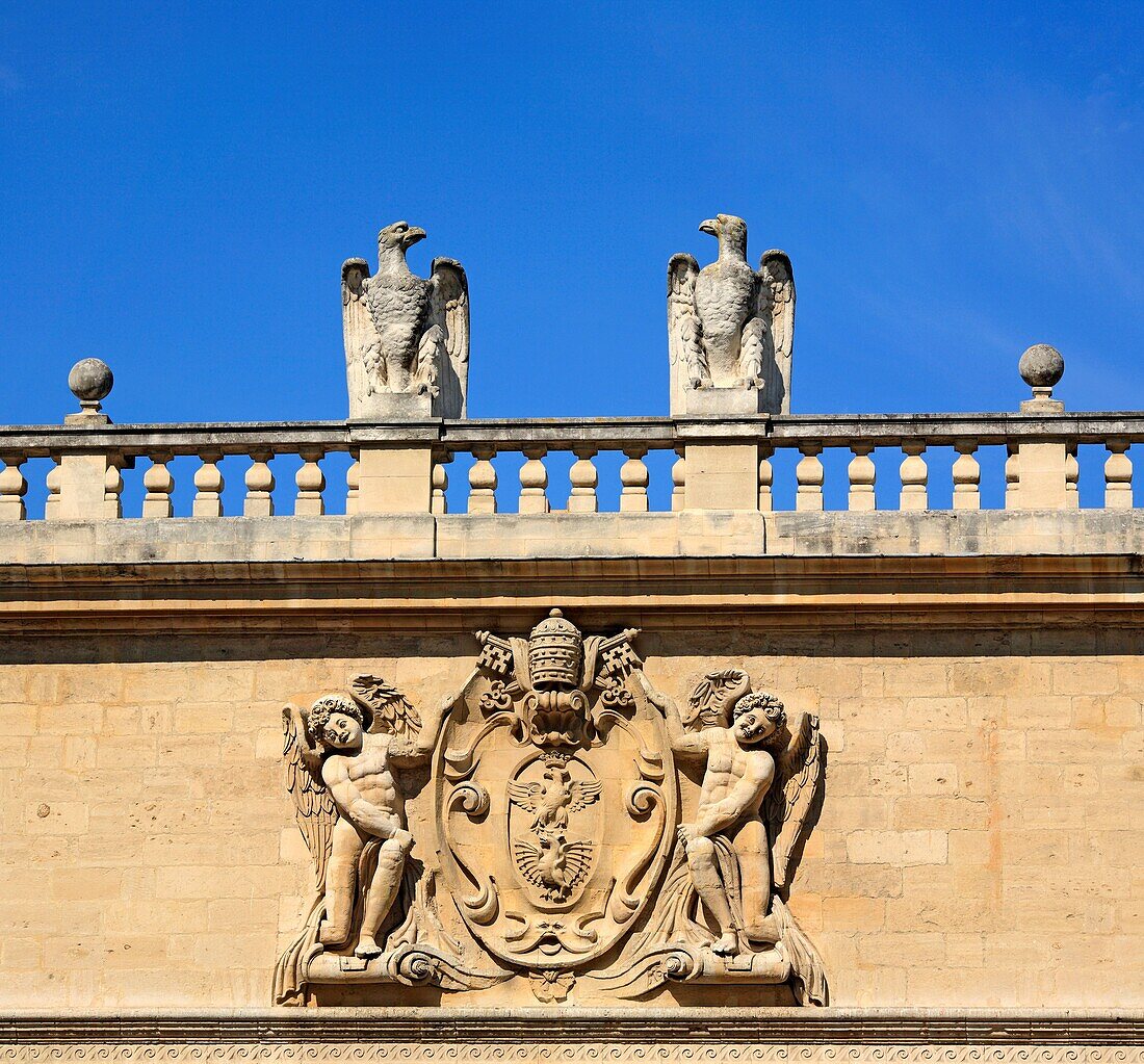 Pope Paul V's coat-of-arms on the Hotel des Monnaies, Avignon, Provence, France