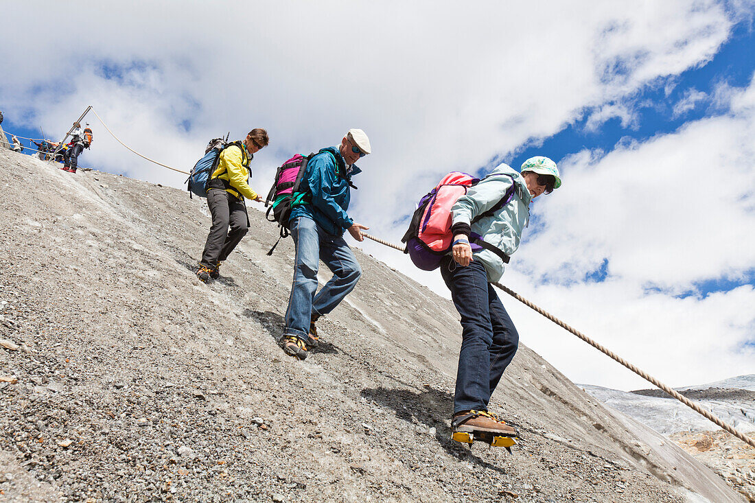 Hikers on Gorner glacier, Hiking route to Monte-Rosa-Hut, Zermatt, Canton of Valais, Switzerland, myclimate audio trail