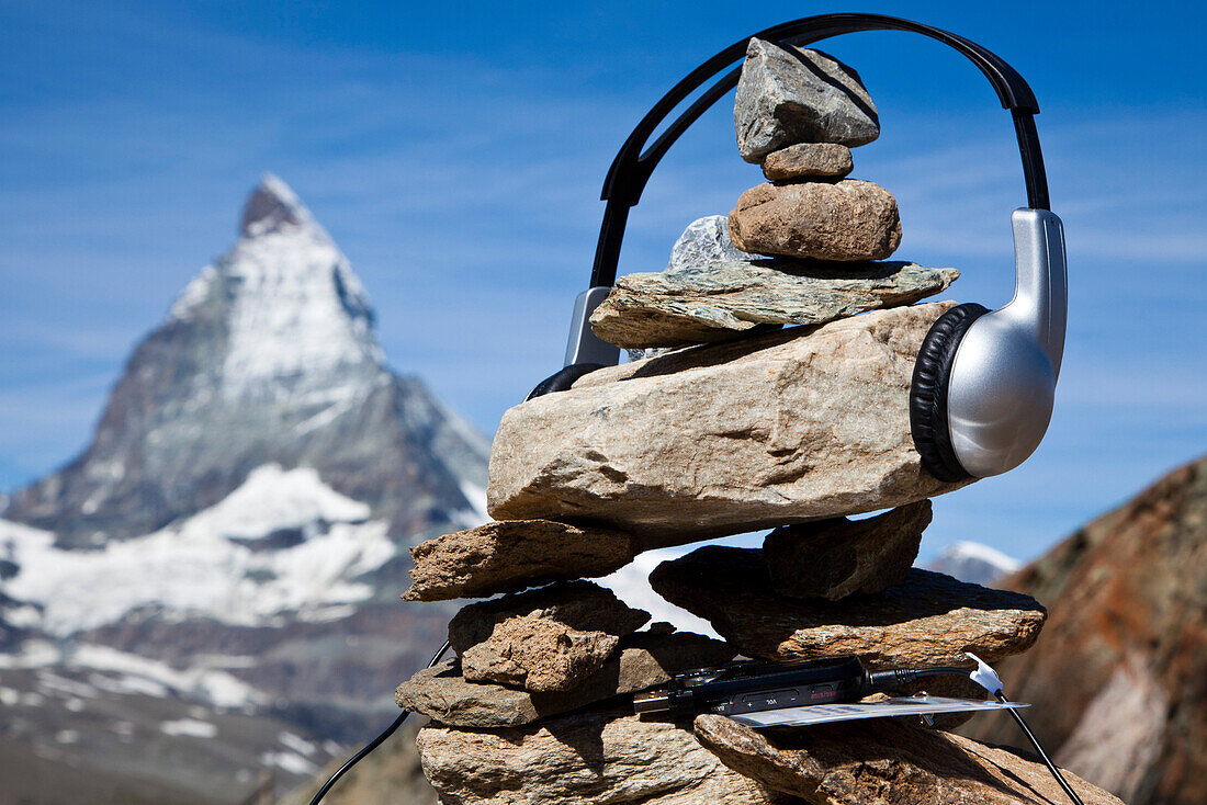 Headphones on a cairn (myclimate audio trail), Matterhorn in background, Zermatt, Canton of Valais, Switzerland