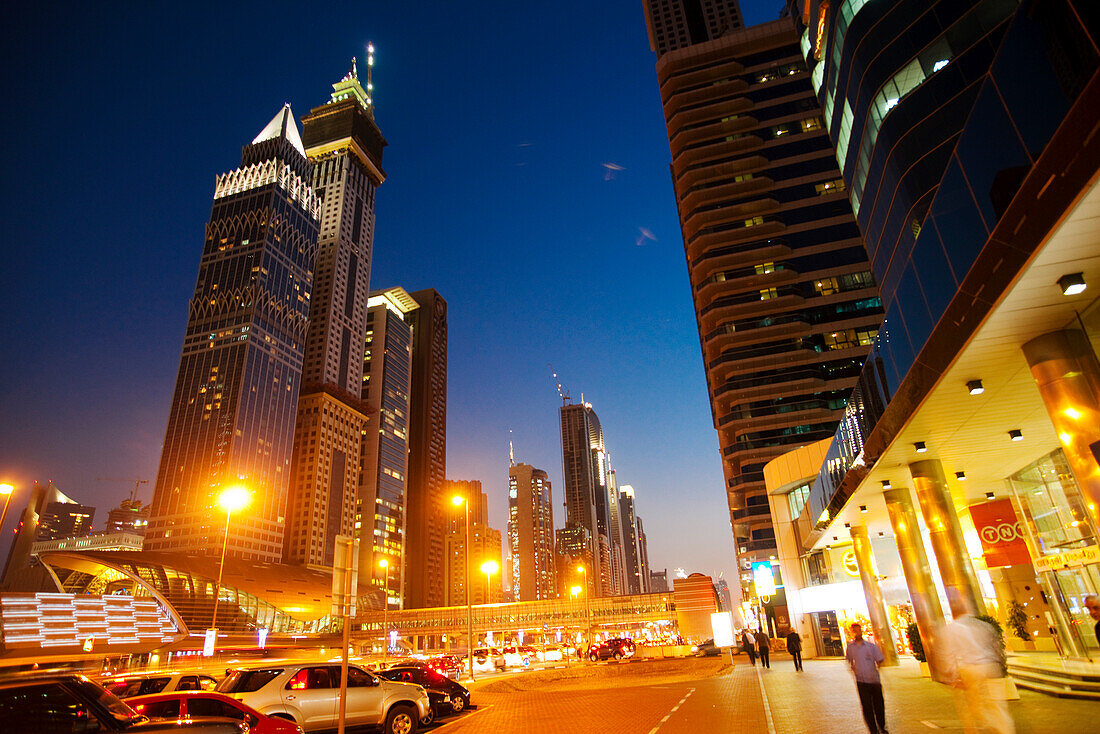 Illuminated skyscrapers, Dubai City, Dubai, United Arab Emirates (UAE)