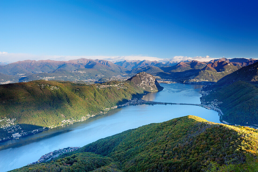 Lake Lugano with Ticino range in background, View from the Monte San Giorgio, UNESCO World Heritage Site Monte San Giorgio, lake Lugano, Ticino range, Ticino, Switzerland, Europe