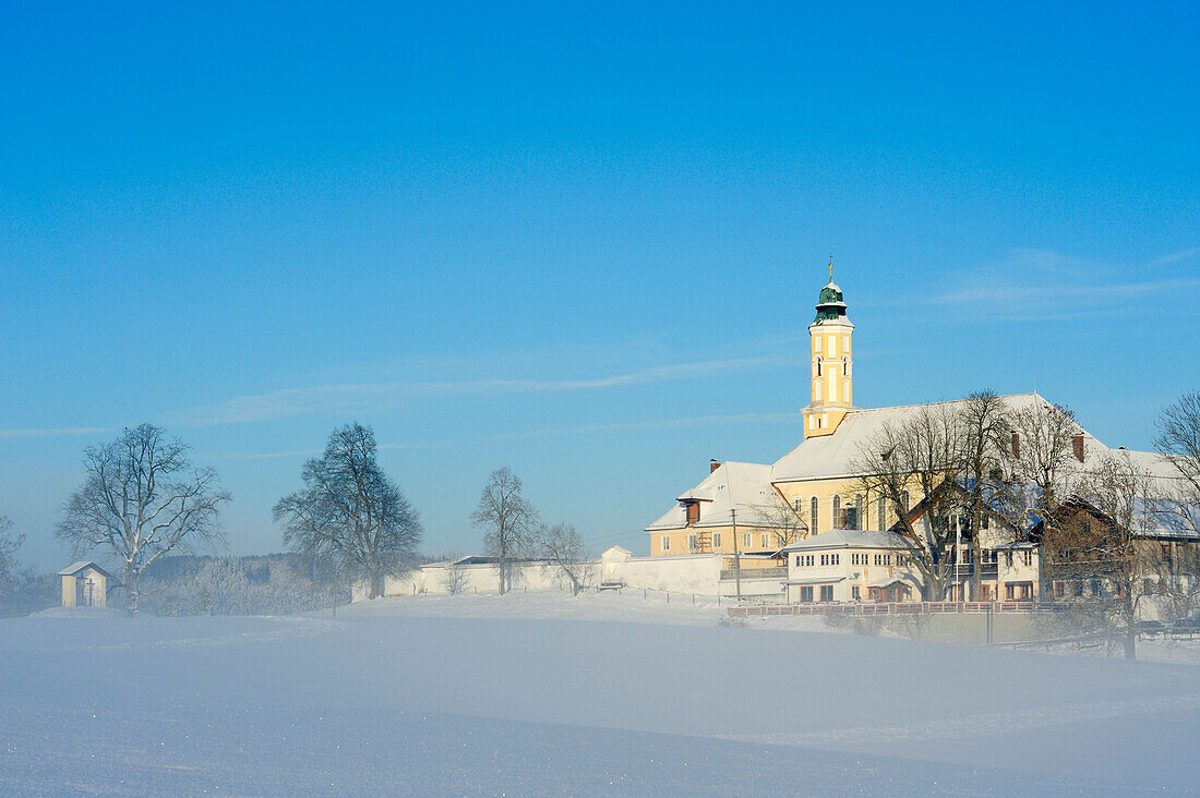 Monastery of Reutberg with snow, lake Kirchsee, Upper Bavaria, Bavaria, Germany, Europe