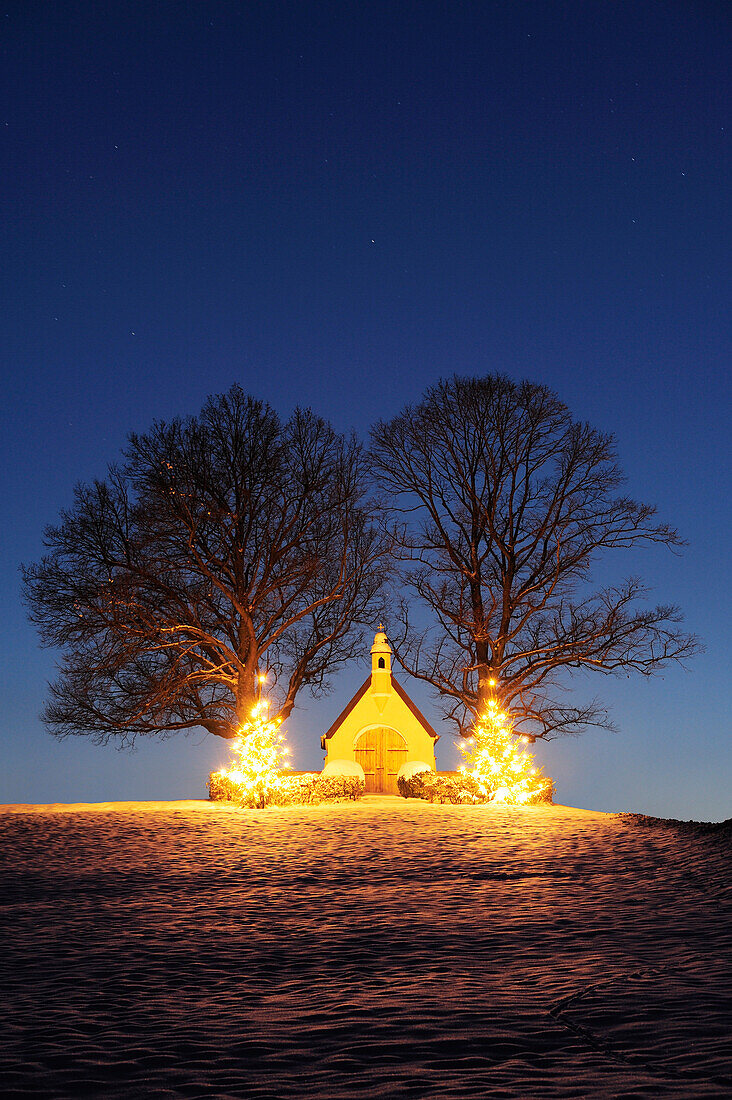 Beleuchtete Kapelle mit zwei beleuchteten Christbäumen, Chiemsee, Chiemgau, Oberbayern, Bayern, Deutschland, Europa