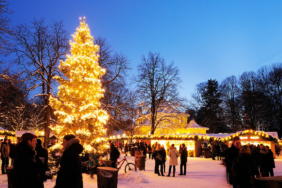 People at christmas market in the evening, Chinesischer Turm, Englischer Garten, Munich, Upper Bavaria, Bavaria, Germany, Europe