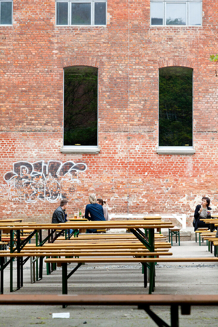 Beer tables, Leipziger Baumwollspinnerei, Leipzig, Saxony, Germany