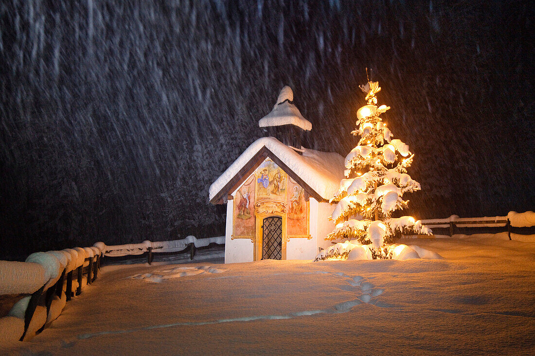 Kapelle mit Christbaum bei Schneetreiben, Elmau, Oberbayern, Deutschland, Europa