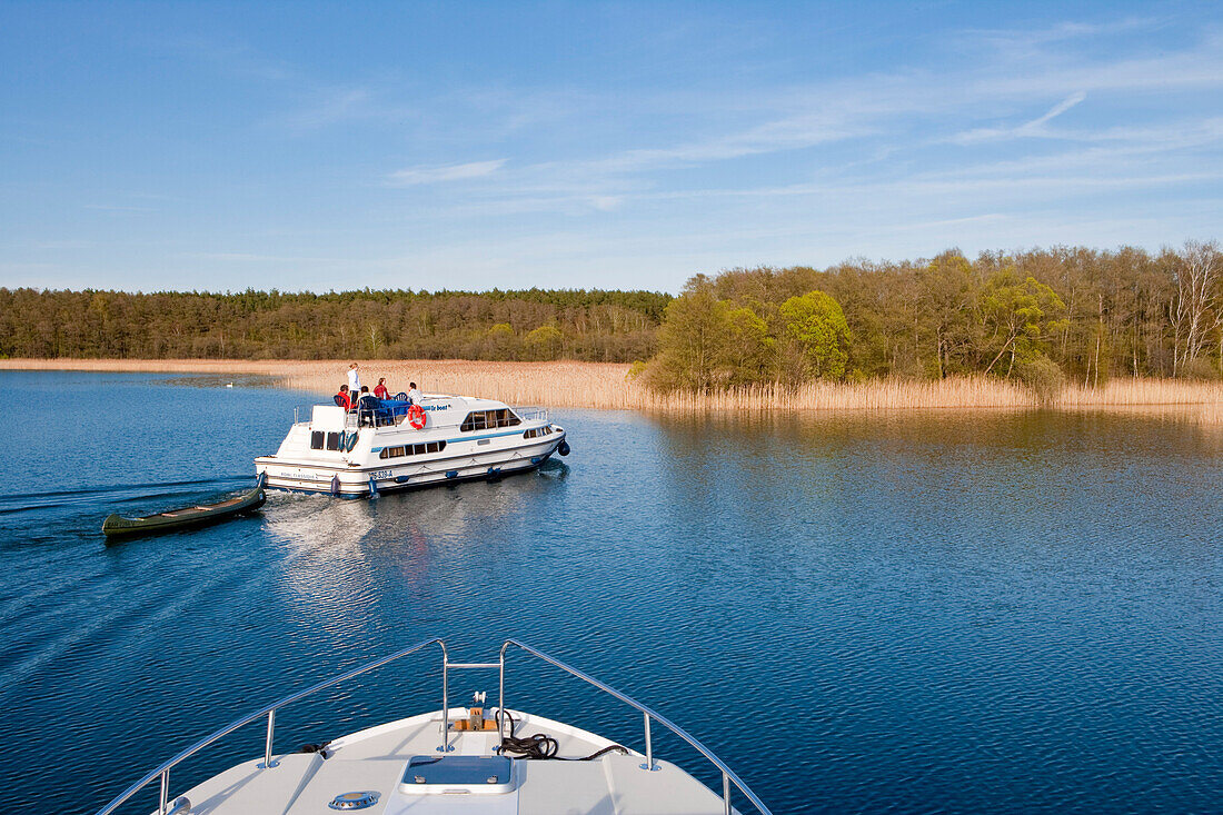 Houseboat on the lake Grosser Zechliner See, near Zechlinerhütte, North Brandenburg Lake District, Brandenburg, Germany