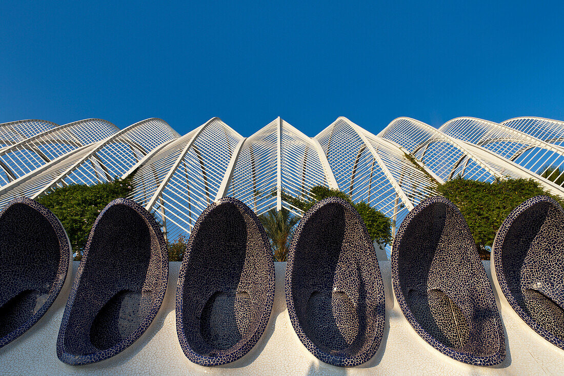 Nahaufnahme von Umbracle (detail), Grünanlage in der Stadt der Künste und der Wissenschaften, Cuidad de las Artes y las Ciencias, Santiago Calatrava (architect), Valencia, Spanien