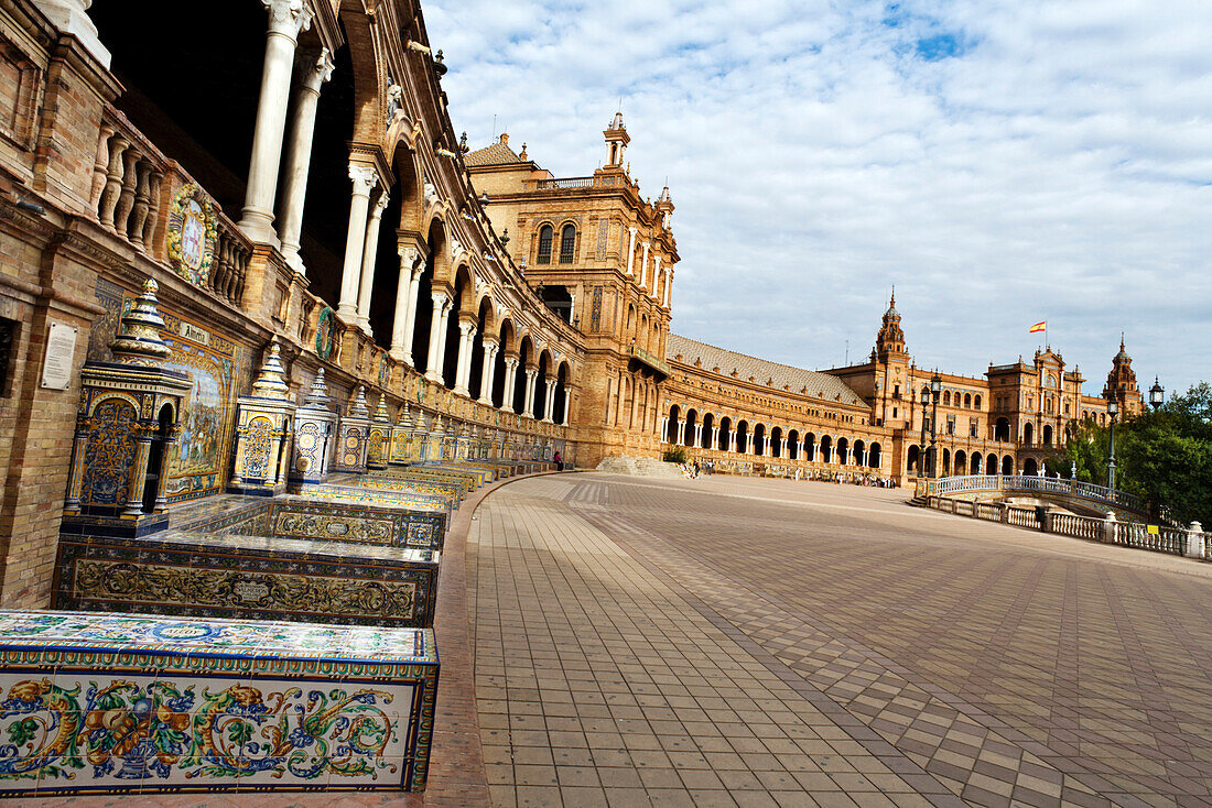 Plaza de España is located on the edge of Parque Maria Luisa, the Plaza de España was designed and constructed under the direction of Anibal Gonzalez for the 1929 Ibero-American Expo 1929, Seville, Spain