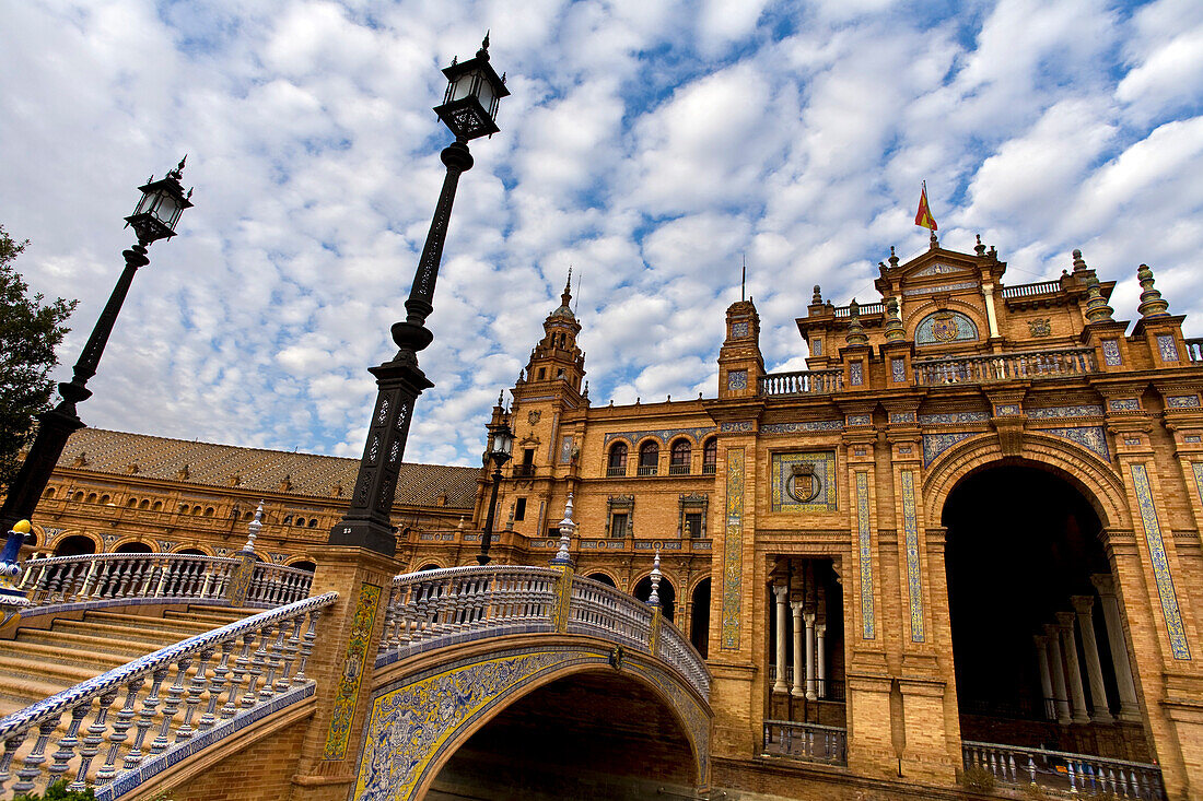 Plaza de España is located on the edge of Parque Maria Luisa, the Plaza de España was designed and constructed under the direction of Anibal Gonzalez for the 1929 Ibero-American Expo 1929, Seville, Spain
