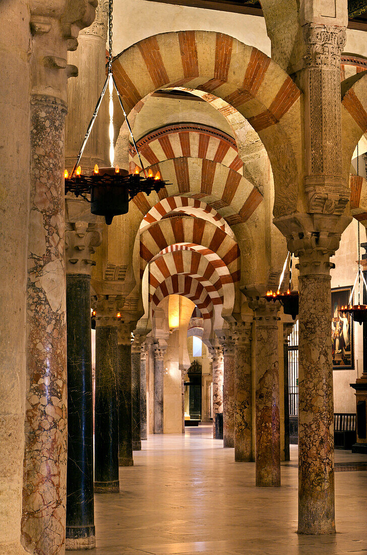 Moorish columns and arches inside the Mezquita, Cordoba, Spain