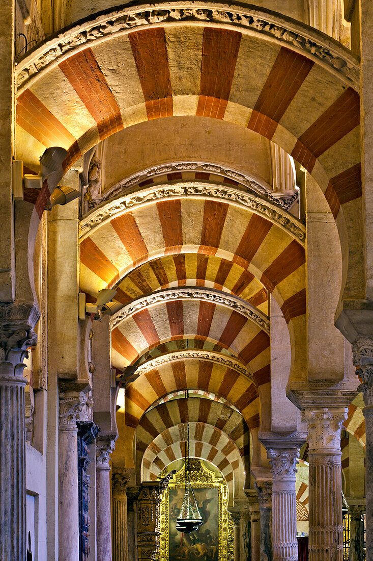 Moorish columns and arches inside the Mezquita, Cordoba, Spain