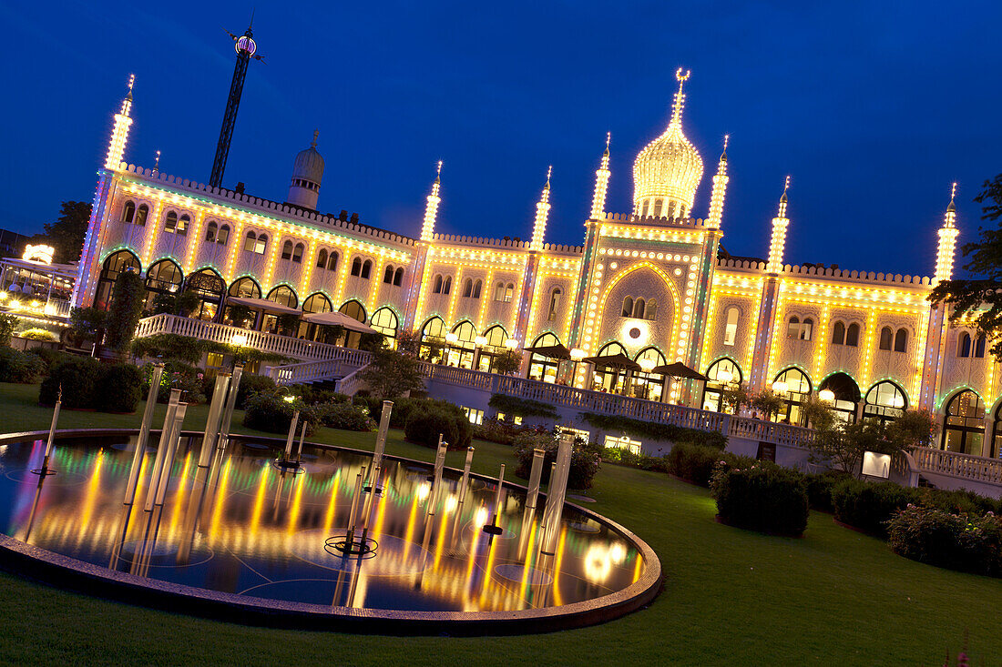 Tivoli's Castle sparkling at night, Tivoli Gardens, Copenhagen, Denmark