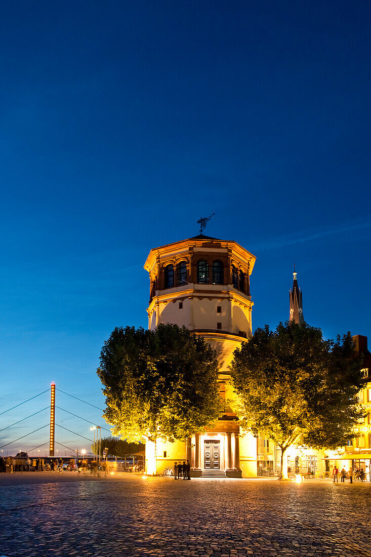 Illuminated Schlossturm in the evening, Old town, Düsseldorf, Duesseldorf, North Rhine-Westphalia, Germany, Europe