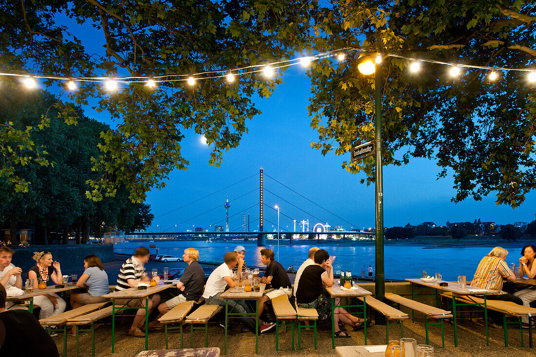 People at beer garden Rheinterrassen, Rhine, Düsseldorf, Duesseldorf, North Rhine-Westphalia, Germany, Europe