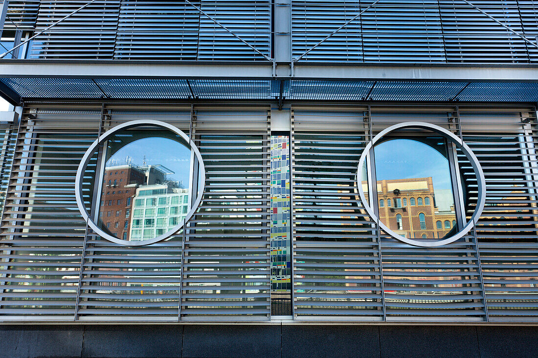 Reflection in round windows, Media Harbour, Düsseldorf, Duesseldorf, North Rhine-Westphalia, Germany, Europe