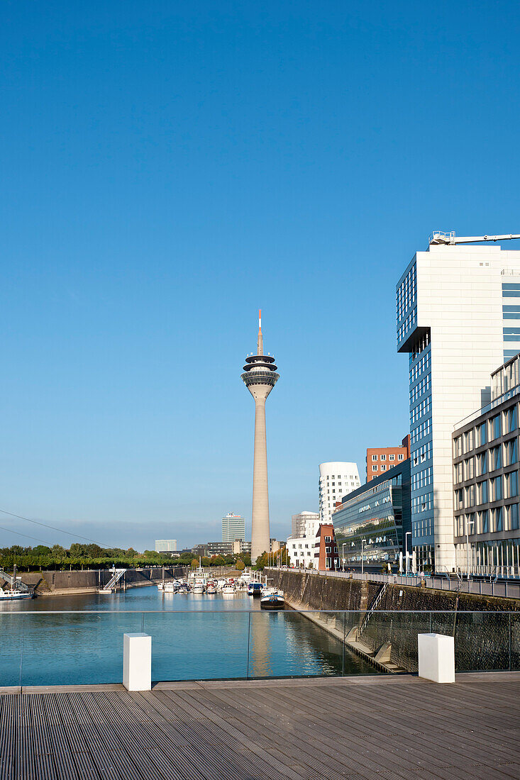 Media Harbour and television tower in the sunlight, Düsseldorf, Duesseldorf, North Rhine-Westphalia, Germany, Europe