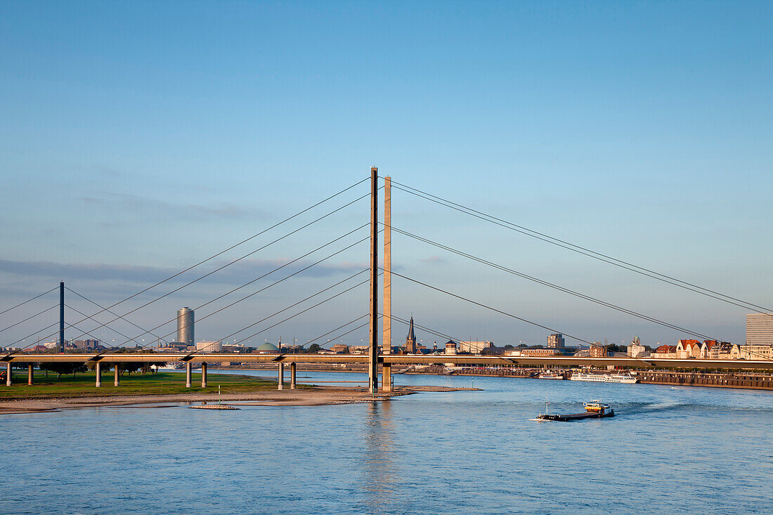 River Rhine and Rheinknie Bridge, view towards the city, Düsseldorf, Duesseldorf, North Rhine-Westphalia, Germany, Europe