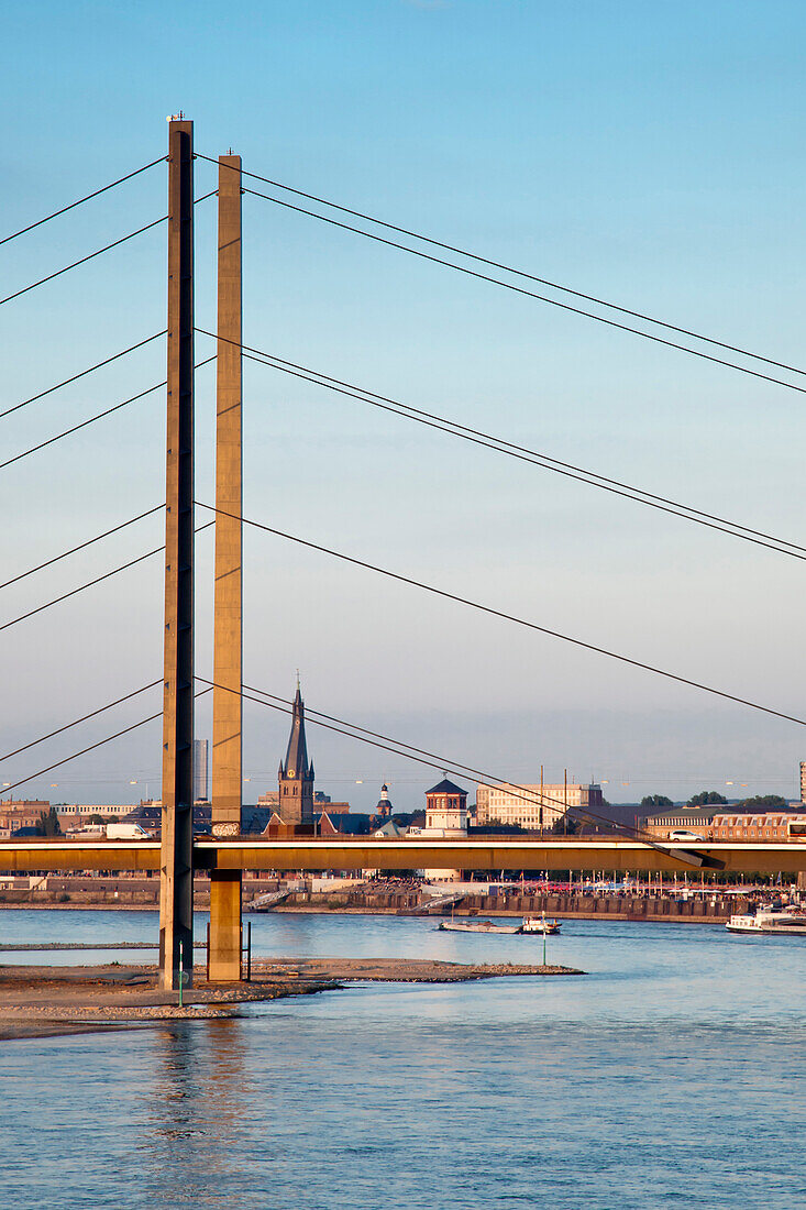 River Rhine and Rheinknie Bridge, view towards the old town, Düsseldorf, Duesseldorf, North Rhine-Westphalia, Germany, Europe
