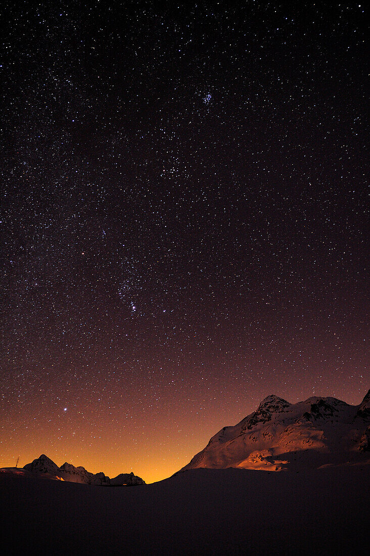 Starry sky above Berninapass, UNESCO World Heritage Site Rhaetien Railway, Raetien Railway, Albula-Bernina-line, Bernina range, Upper Engadin, Engadin, Grisons, Switzerland, Europe