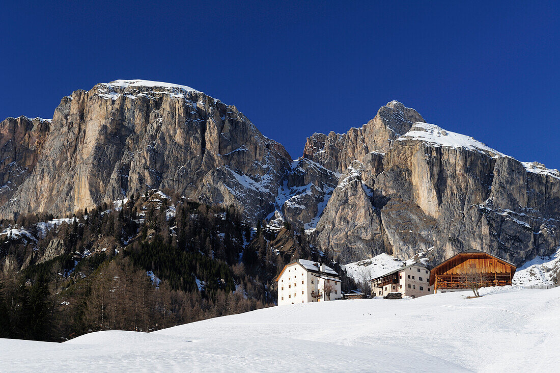 Bergbauernhof unter Felswand, Gadertal, UNESCO Weltkulturerbe Dolomiten, Dolomiten, Trentino, Südtirol, Italien, Europa