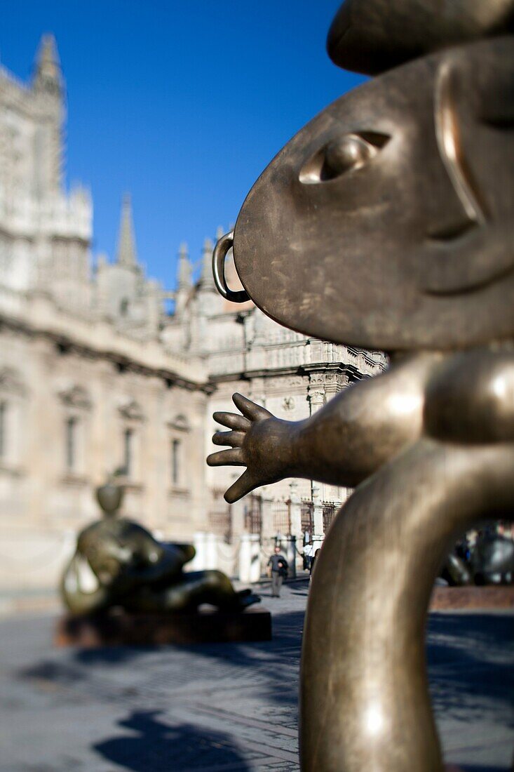 Sculpture by Ripolles exhibited outdoors in front of the Cathedral of Seville, Spain Tilted lens used for shallower depth of field