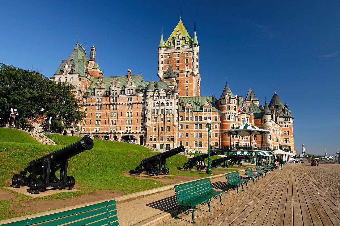 Old guns on the promenade in front of the Hotel Fairmont Le Château Frontenac Quebec City, Canada
